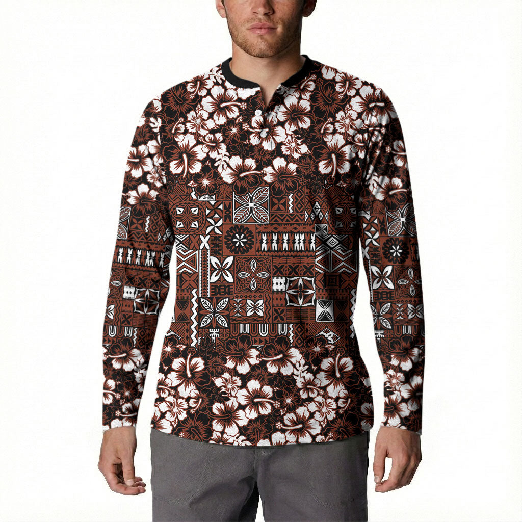 Burgundy Hawaiian Tapa Tribal Hibiscus Button Sweatshirt