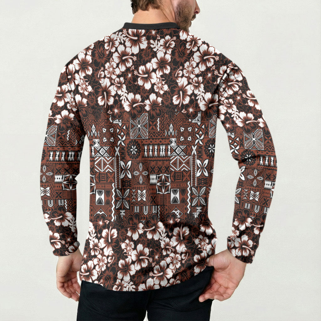 Burgundy Hawaiian Tapa Tribal Hibiscus Button Sweatshirt