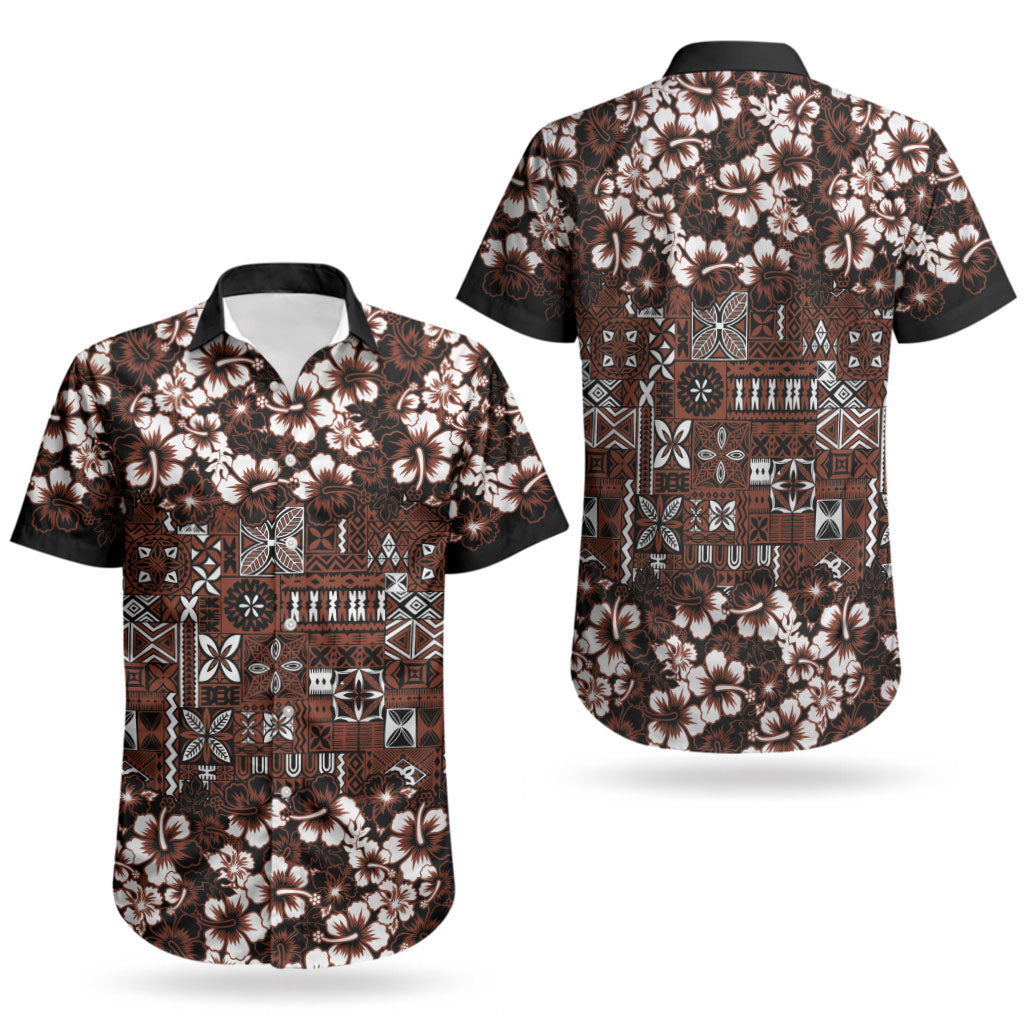 Burgundy Hawaiian Tapa Tribal Hibiscus Couples Matching Long Sleeve Bodycon Dress and Hawaiian Shirt