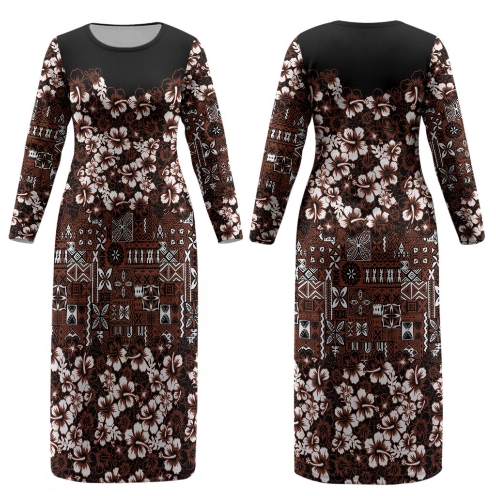 Burgundy Hawaiian Tapa Tribal Hibiscus Couples Matching Long Sleeve Bodycon Dress and Hawaiian Shirt