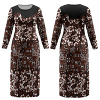 Burgundy Hawaiian Tapa Tribal Hibiscus Couples Matching Long Sleeve Bodycon Dress and Long Sleeve Button Shirt