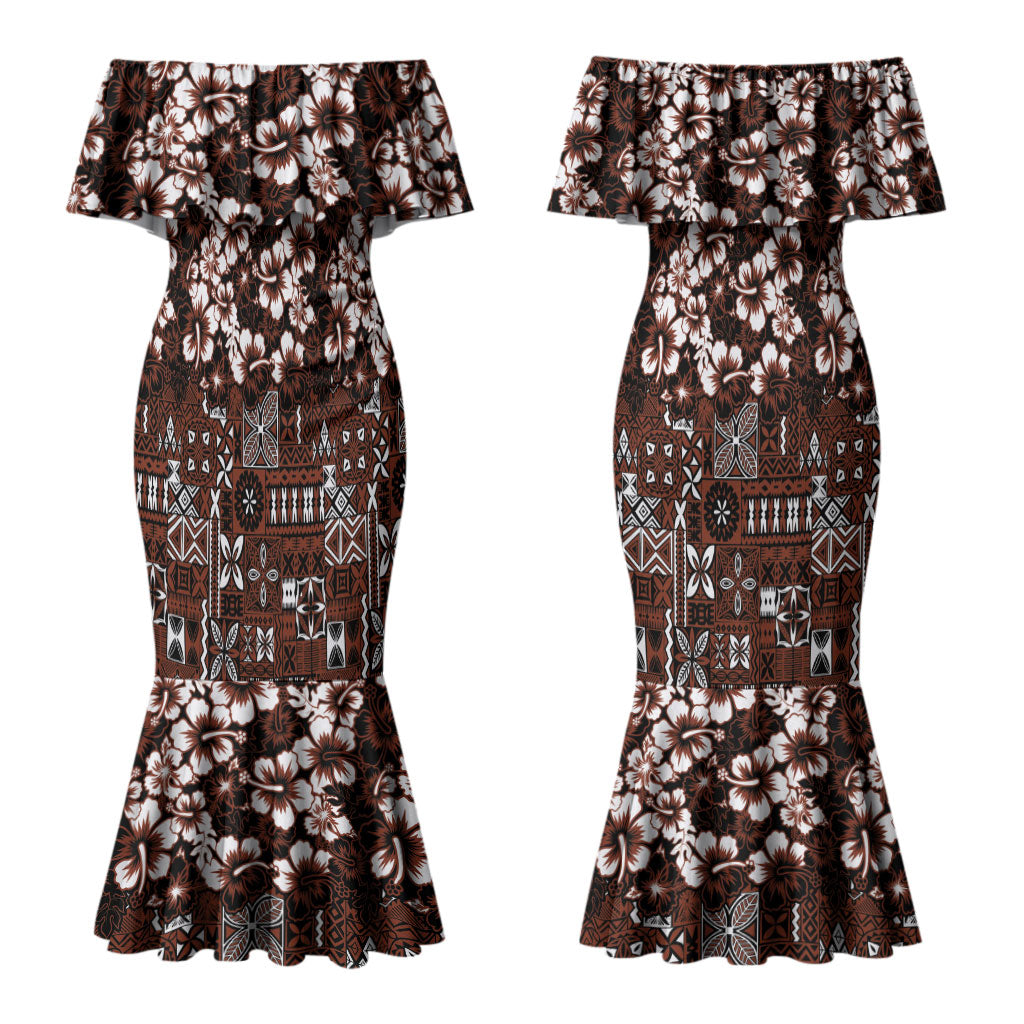 Burgundy Hawaiian Tapa Tribal Hibiscus Couples Matching Mermaid Dress and Hawaiian Shirt