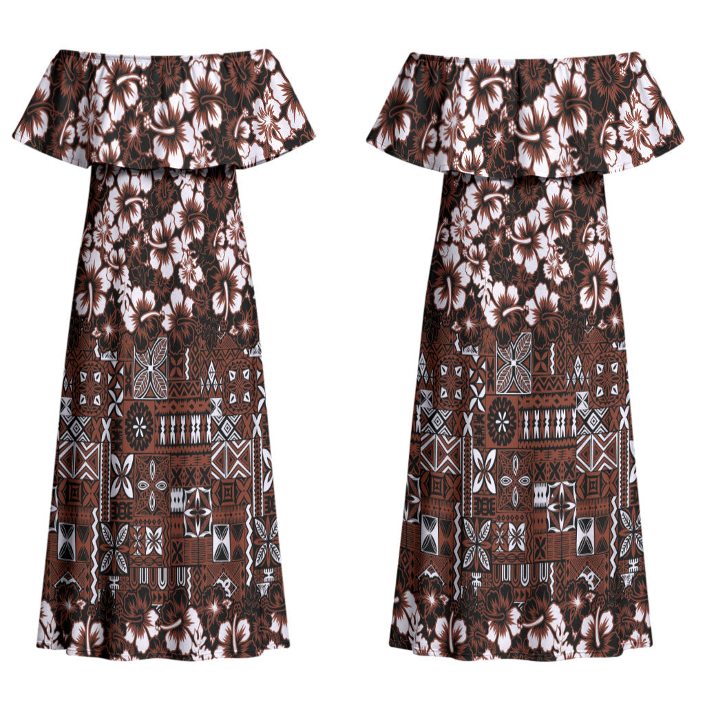 Burgundy Hawaiian Tapa Tribal Hibiscus Couples Matching Off Shoulder Maxi Dress and Hawaiian Shirt
