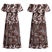 Burgundy Hawaiian Tapa Tribal Hibiscus Couples Matching Off Shoulder Maxi Dress and Hawaiian Shirt