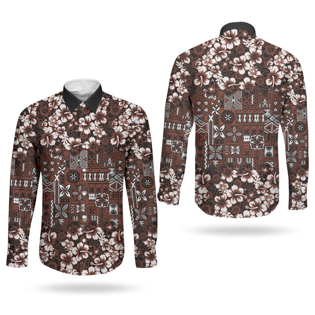 Burgundy Hawaiian Tapa Tribal Hibiscus Couples Matching Off Shoulder Maxi Dress and Long Sleeve Button Shirt