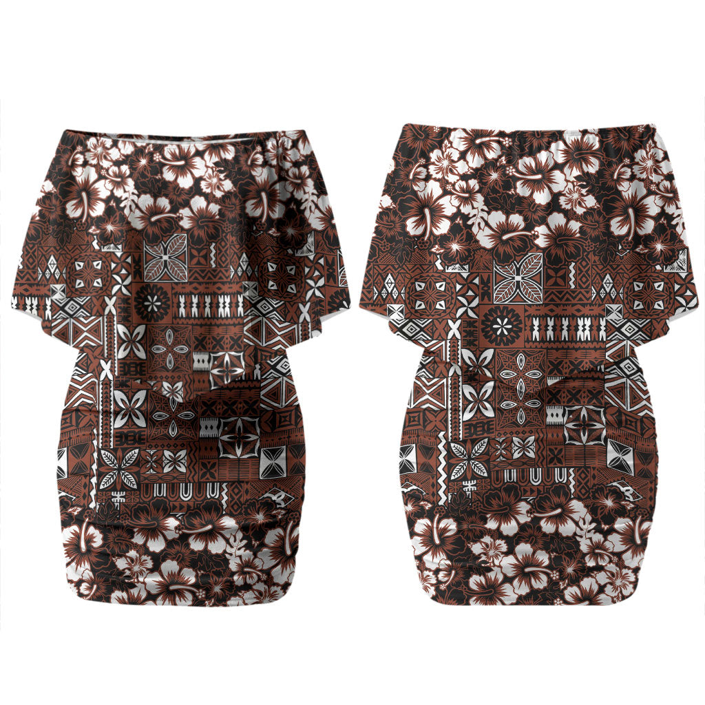 Burgundy Hawaiian Tapa Tribal Hibiscus Couples Matching Off Shoulder Short Dress and Long Sleeve Button Shirt