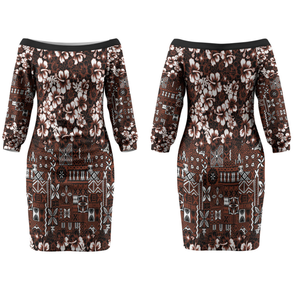 Burgundy Hawaiian Tapa Tribal Hibiscus Couples Matching Off The Shoulder Long Sleeve Dress and Hawaiian Shirt