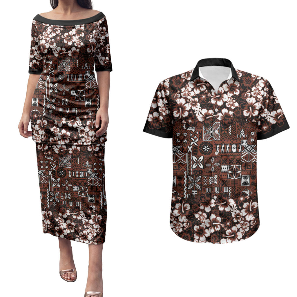 Burgundy Hawaiian Tapa Tribal Hibiscus Couples Matching Puletasi and Hawaiian Shirt LT9 Burgundy - Polynesian Pride