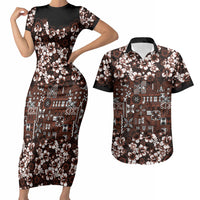 Burgundy Hawaiian Tapa Tribal Hibiscus Couples Matching Short Sleeve Bodycon Dress and Hawaiian Shirt