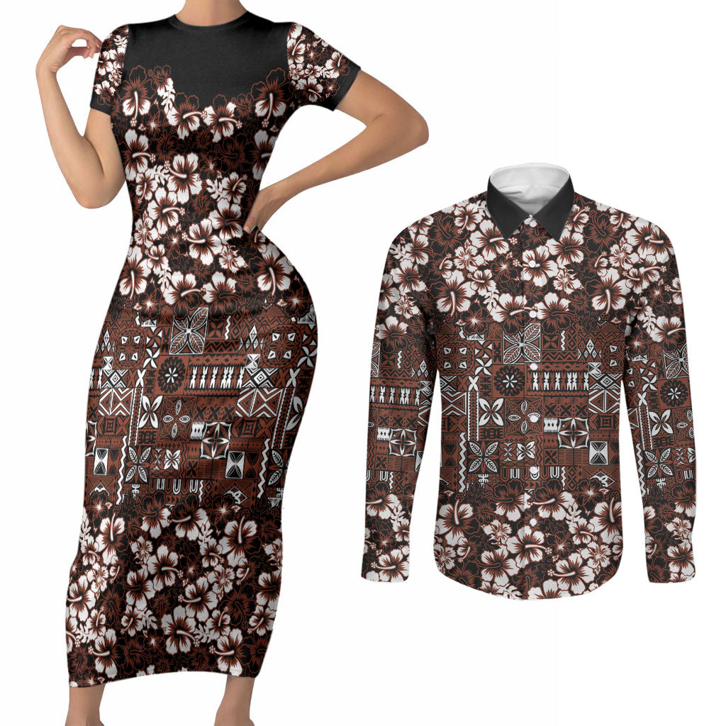 Burgundy Hawaiian Tapa Tribal Hibiscus Couples Matching Short Sleeve Bodycon Dress and Long Sleeve Button Shirt