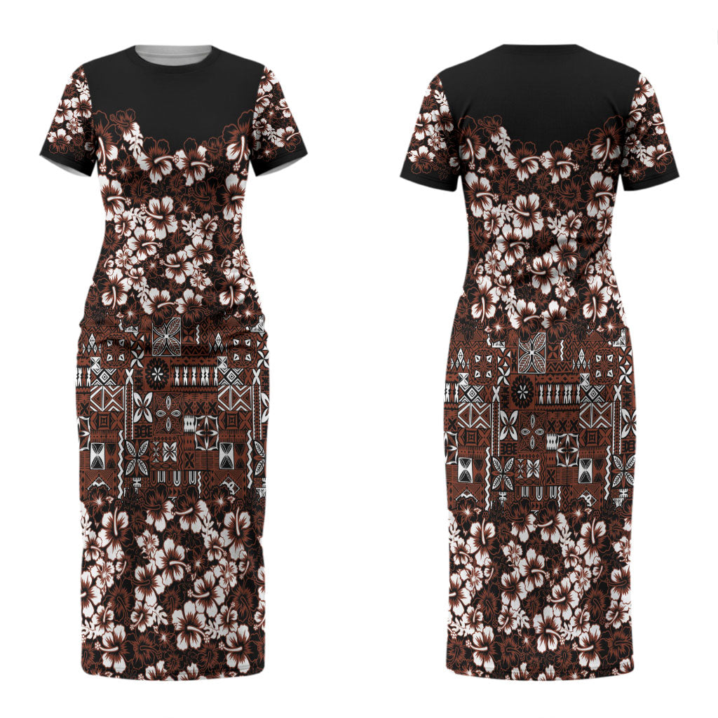 Burgundy Hawaiian Tapa Tribal Hibiscus Couples Matching Short Sleeve Bodycon Dress and Long Sleeve Button Shirt
