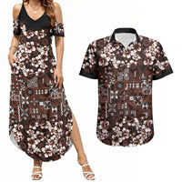 Burgundy Hawaiian Tapa Tribal Hibiscus Couples Matching Summer Maxi Dress and Hawaiian Shirt