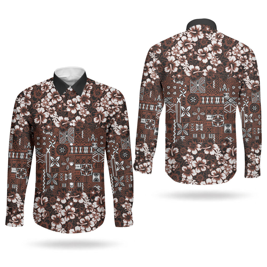 Burgundy Hawaiian Tapa Tribal Hibiscus Couples Matching Summer Maxi Dress and Long Sleeve Button Shirt