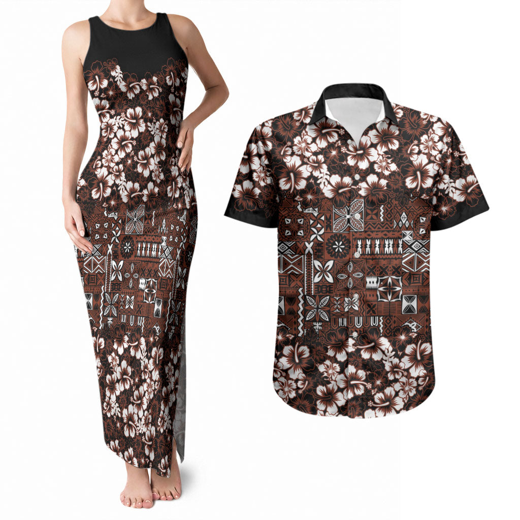 Burgundy Hawaiian Tapa Tribal Hibiscus Couples Matching Tank Maxi Dress and Hawaiian Shirt