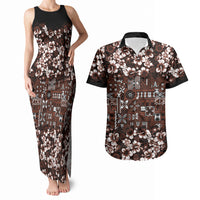 Burgundy Hawaiian Tapa Tribal Hibiscus Couples Matching Tank Maxi Dress and Hawaiian Shirt