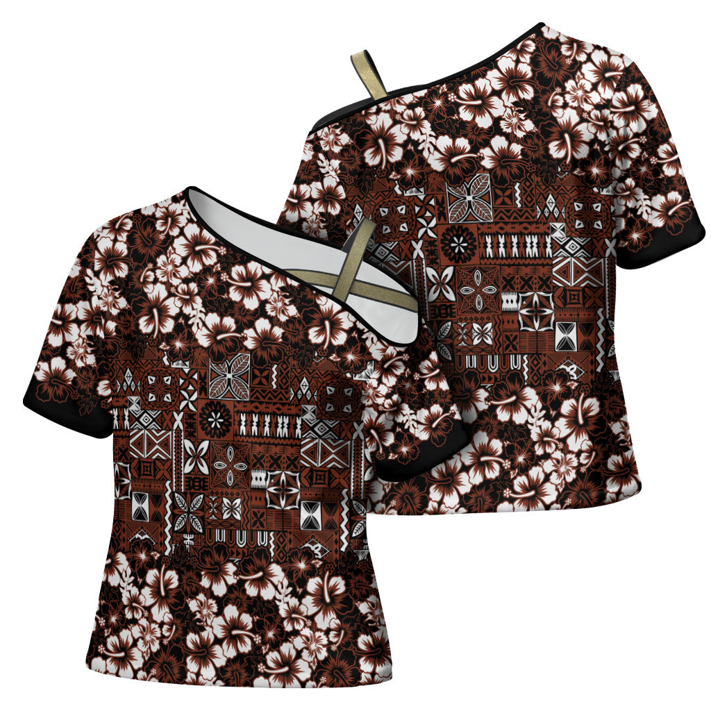 Burgundy Hawaiian Tapa Tribal Hibiscus Cross Shoulder Shirt
