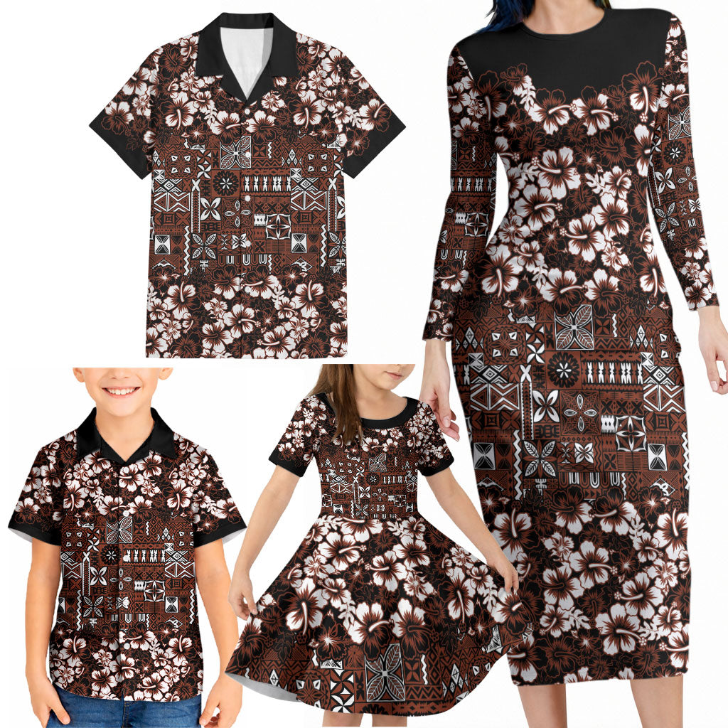 Burgundy Hawaiian Tapa Tribal Hibiscus Family Matching Long Sleeve Bodycon Dress and Hawaiian Shirt LT9 - Polynesian Pride
