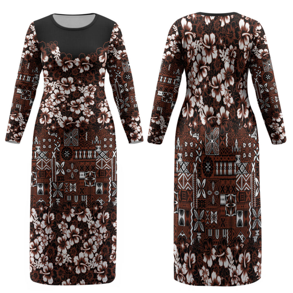 Burgundy Hawaiian Tapa Tribal Hibiscus Family Matching Long Sleeve Bodycon Dress and Hawaiian Shirt