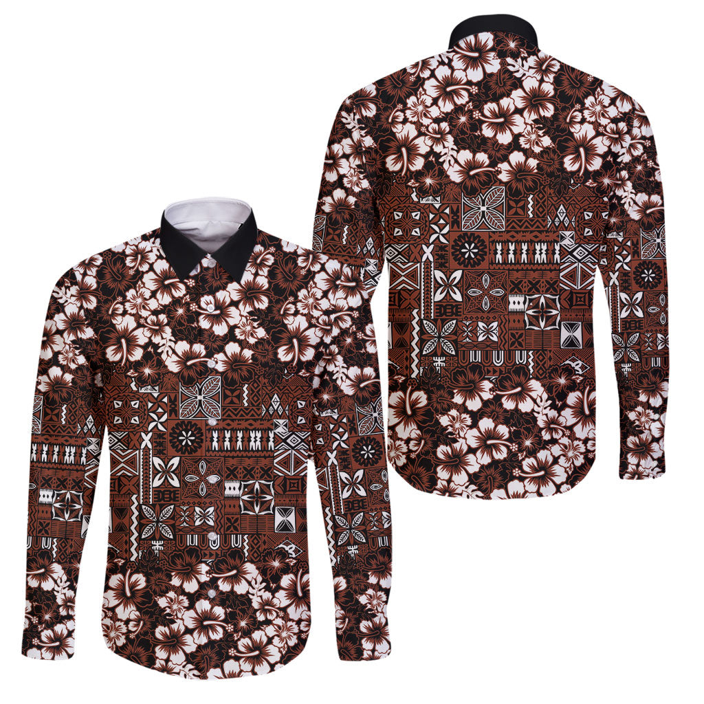 Burgundy Hawaiian Tapa Tribal Hibiscus Family Matching Long Sleeve Bodycon Dress and Hawaiian Shirt