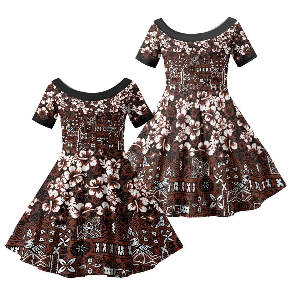 Burgundy Hawaiian Tapa Tribal Hibiscus Family Matching Long Sleeve Bodycon Dress and Hawaiian Shirt