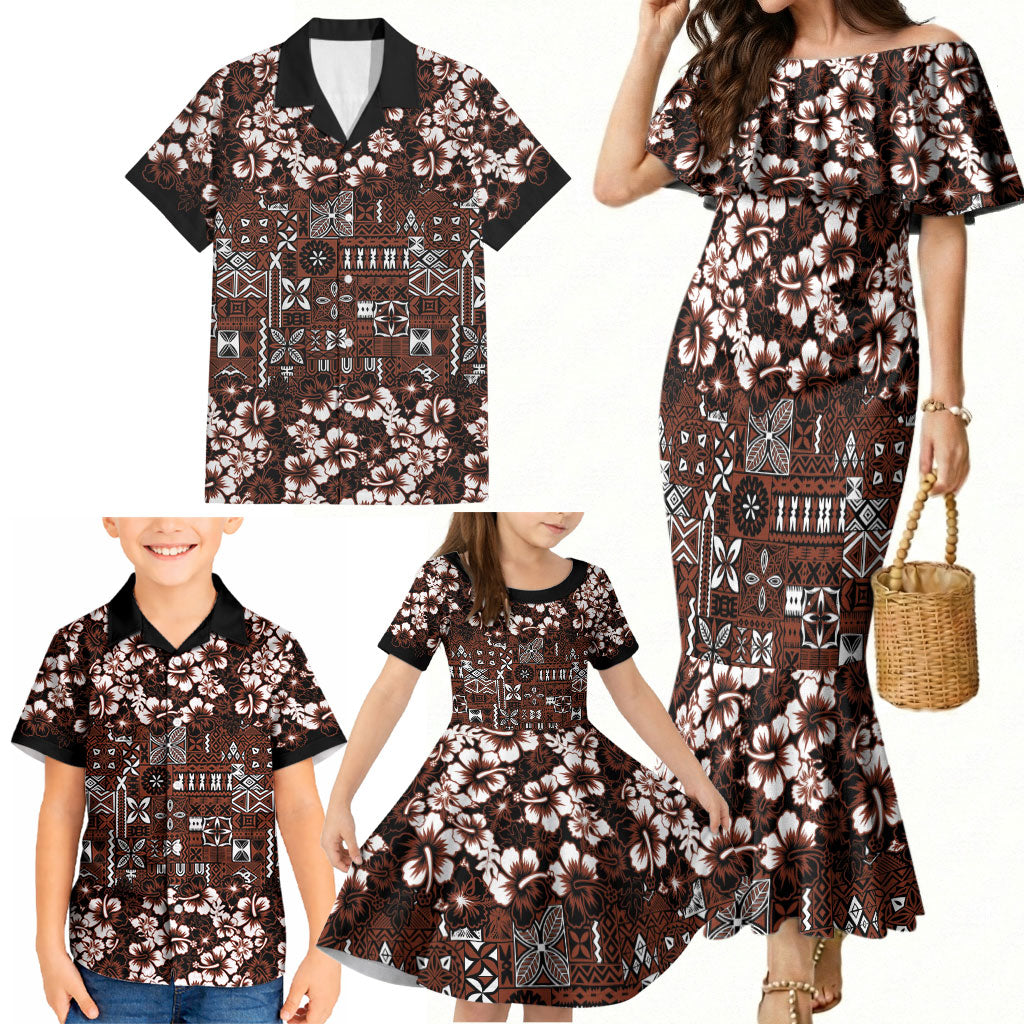 Burgundy Hawaiian Tapa Tribal Hibiscus Family Matching Mermaid Dress and Hawaiian Shirt