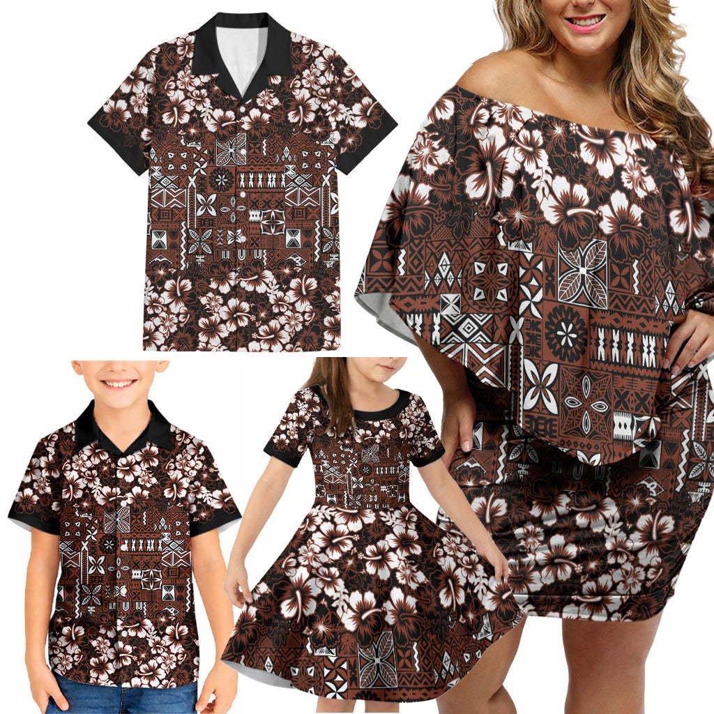 Burgundy Hawaiian Tapa Tribal Hibiscus Family Matching Off Shoulder Short Dress and Hawaiian Shirt