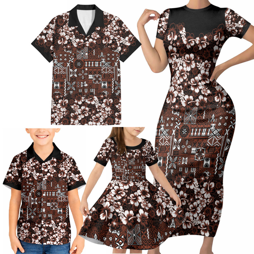 Burgundy Hawaiian Tapa Tribal Hibiscus Family Matching Short Sleeve Bodycon Dress and Hawaiian Shirt