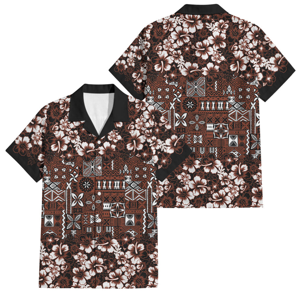 Burgundy Hawaiian Tapa Tribal Hibiscus Family Matching Short Sleeve Bodycon Dress and Hawaiian Shirt