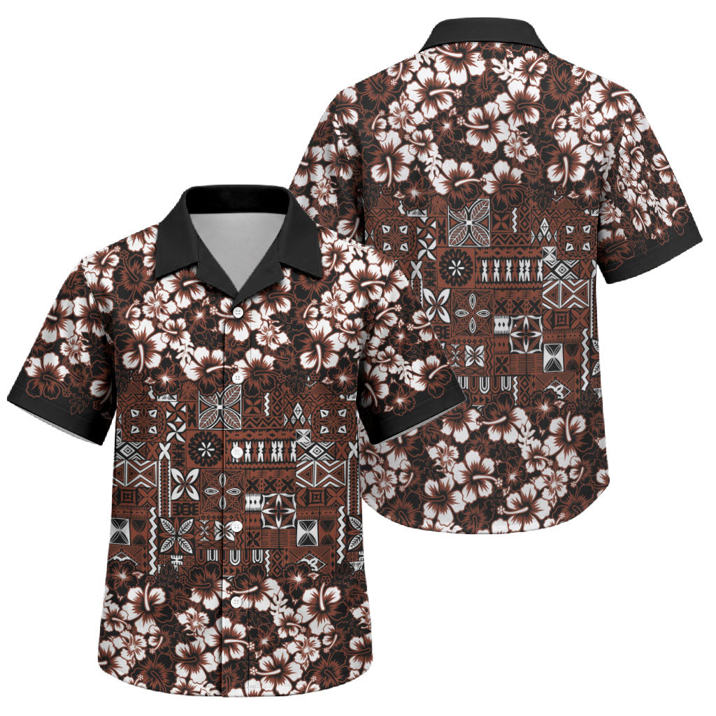 Burgundy Hawaiian Tapa Tribal Hibiscus Family Matching Short Sleeve Bodycon Dress and Hawaiian Shirt