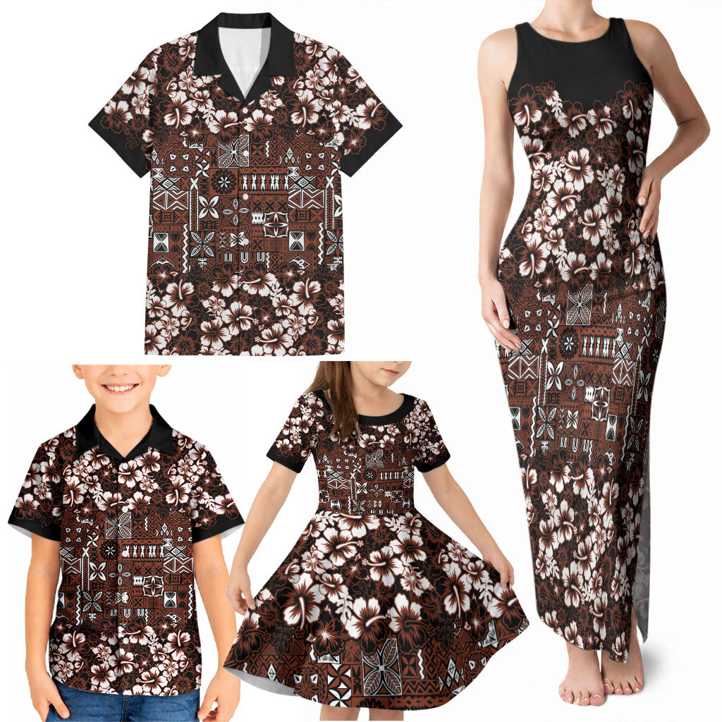 Burgundy Hawaiian Tapa Tribal Hibiscus Family Matching Tank Maxi Dress and Hawaiian Shirt LT9 - Polynesian Pride