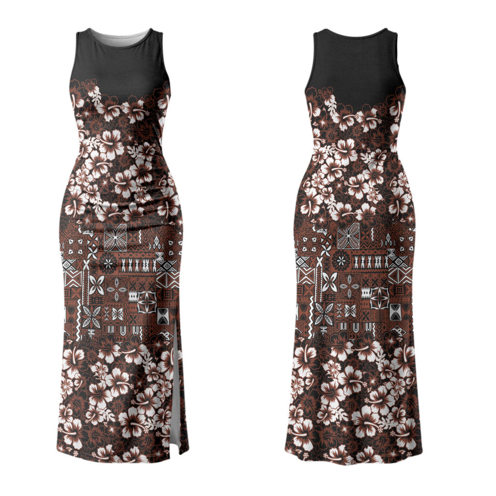 Burgundy Hawaiian Tapa Tribal Hibiscus Family Matching Tank Maxi Dress and Hawaiian Shirt