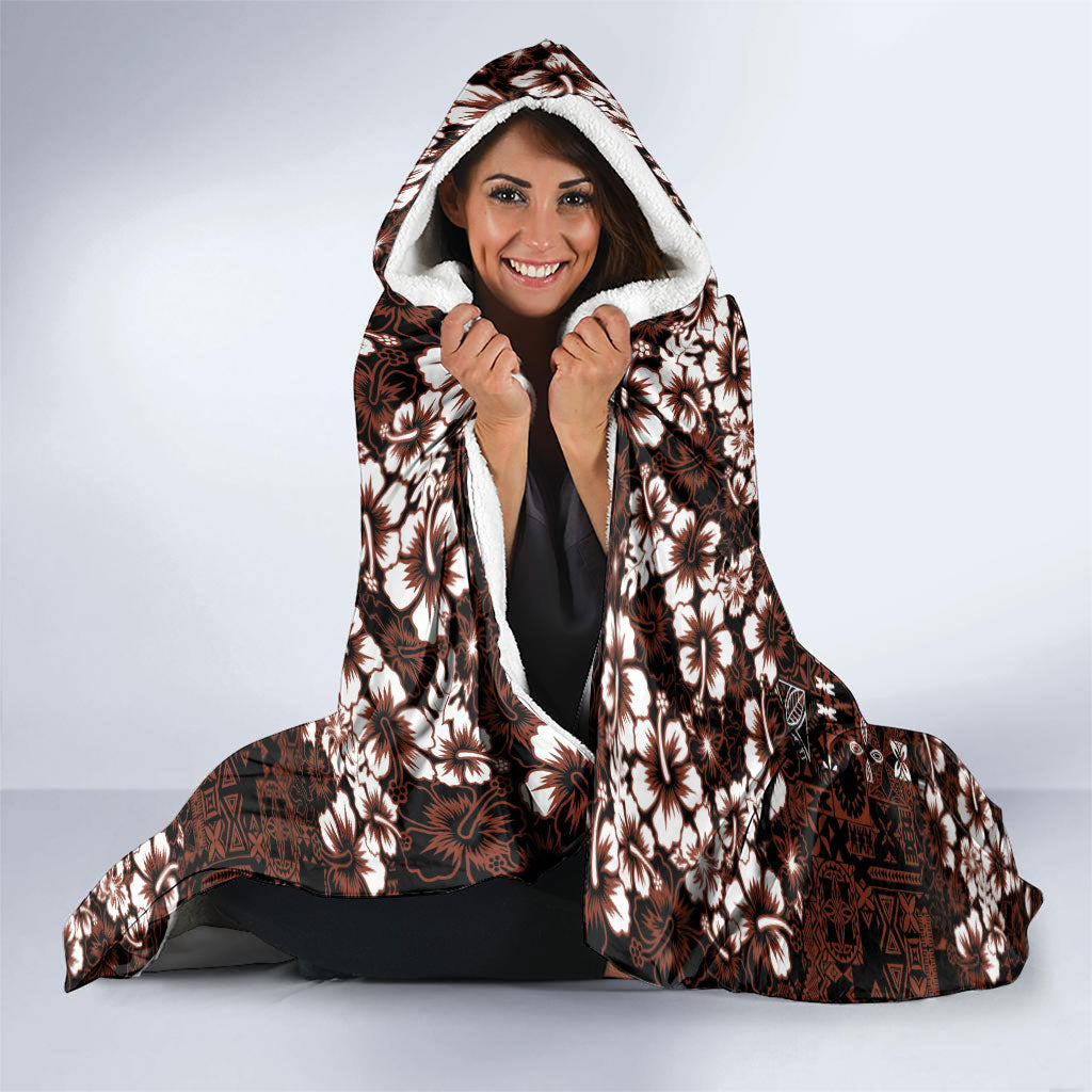 Burgundy Hawaiian Tapa Tribal Hibiscus Hooded Blanket