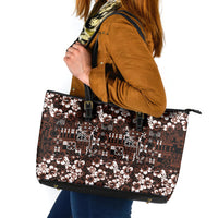 Burgundy Hawaiian Tapa Tribal Hibiscus Leather Tote Bag