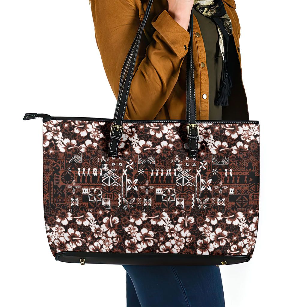 Burgundy Hawaiian Tapa Tribal Hibiscus Leather Tote Bag
