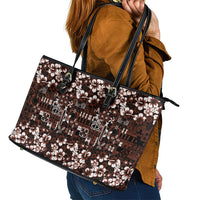 Burgundy Hawaiian Tapa Tribal Hibiscus Leather Tote Bag