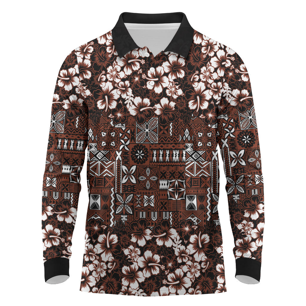 Burgundy Hawaiian Tapa Tribal Hibiscus Long Sleeve Polo Shirt