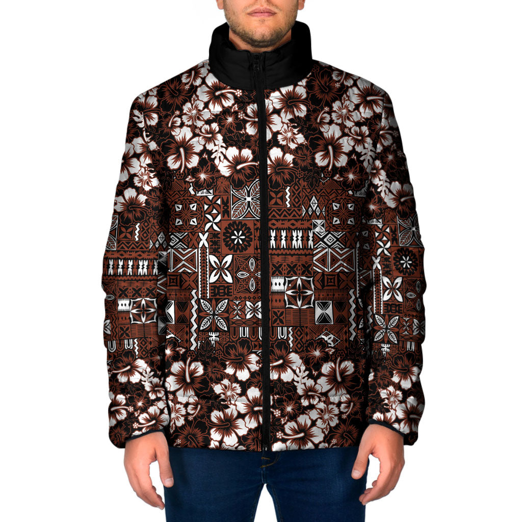 Burgundy Hawaiian Tapa Tribal Hibiscus Padded Jacket