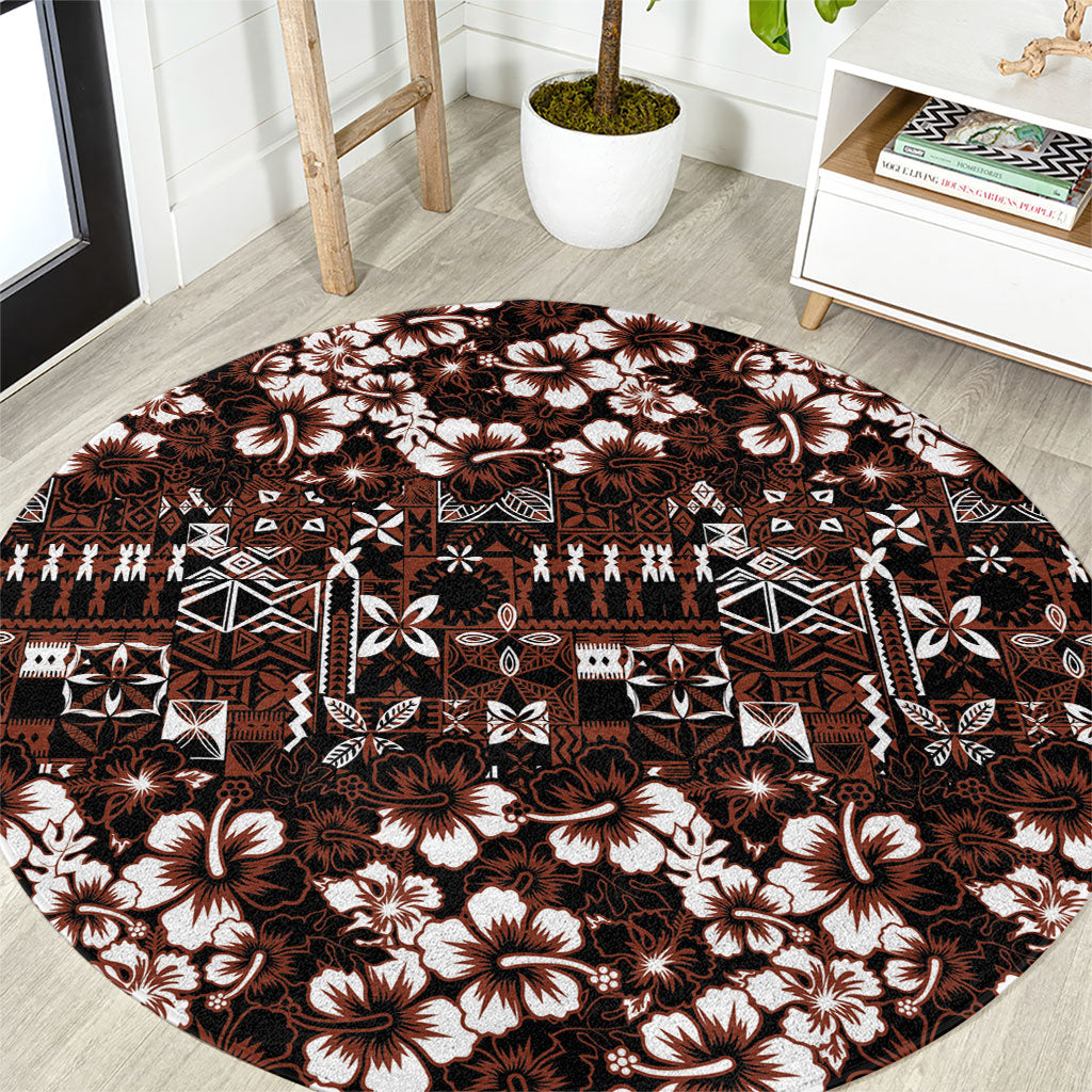 Burgundy Hawaiian Tapa Tribal Hibiscus Round Carpet
