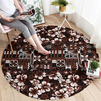 Burgundy Hawaiian Tapa Tribal Hibiscus Round Carpet