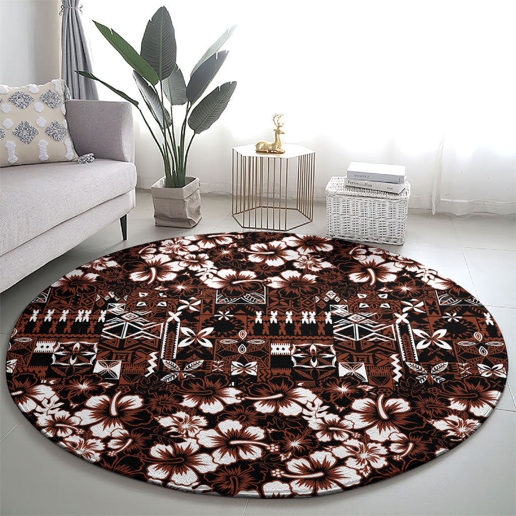 Burgundy Hawaiian Tapa Tribal Hibiscus Round Carpet