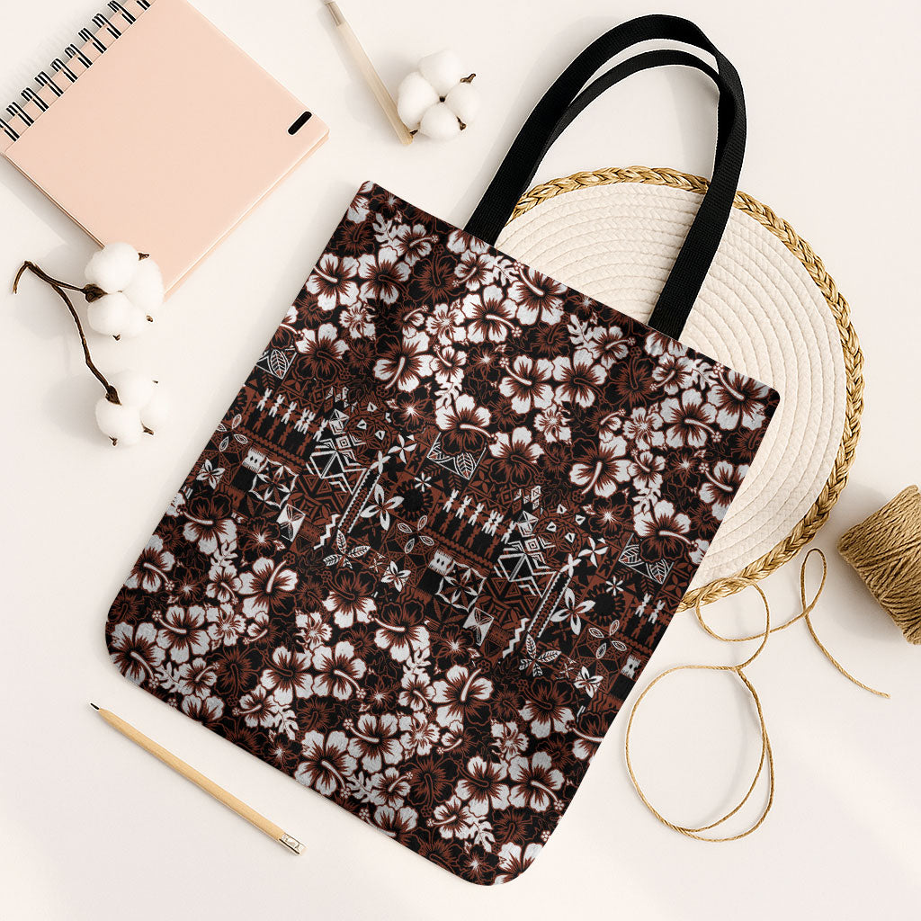 Burgundy Hawaiian Tapa Tribal Hibiscus Tote Bag LT9 Black Strap One Size Burgundy - Polynesian Pride