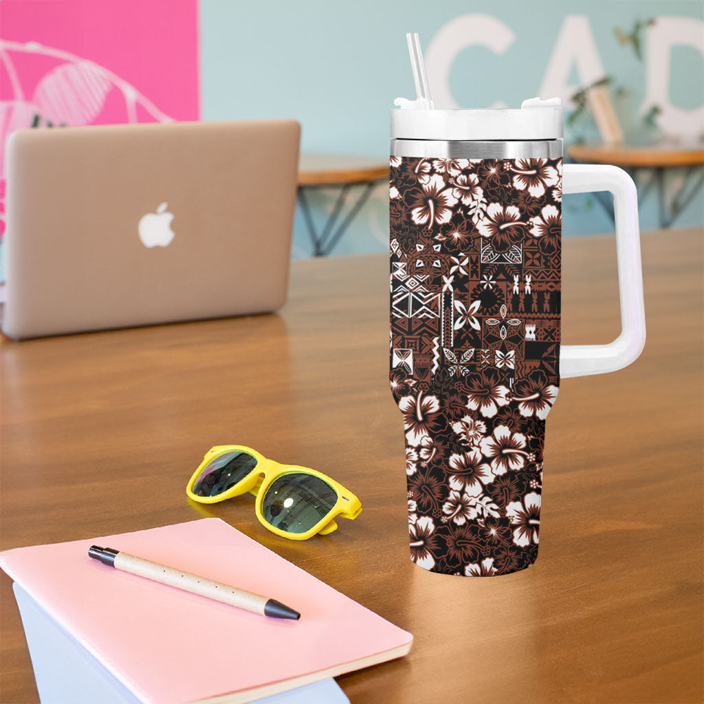 Burgundy Hawaiian Tapa Tribal Hibiscus Tumbler With Handle