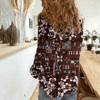 Burgundy Hawaiian Tapa Tribal Hibiscus Women Casual Shirt