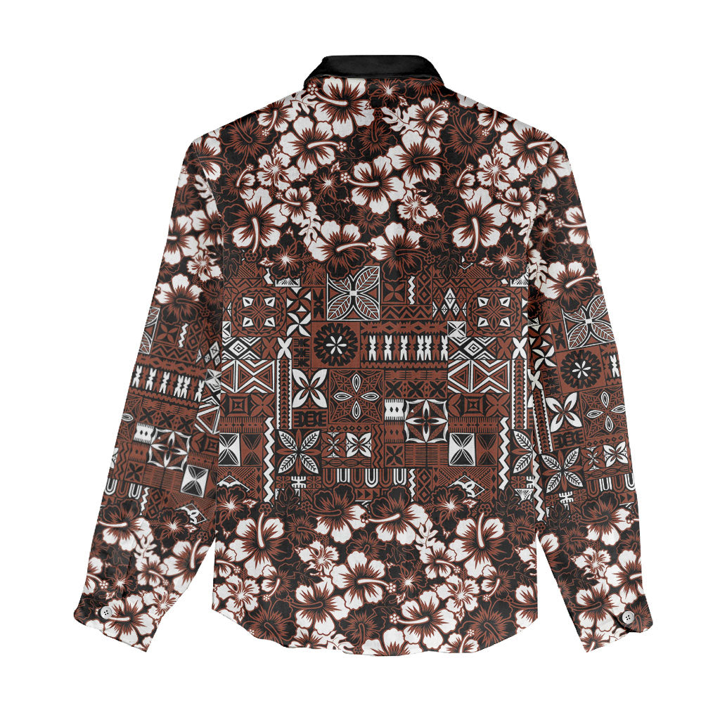 Burgundy Hawaiian Tapa Tribal Hibiscus Women Casual Shirt