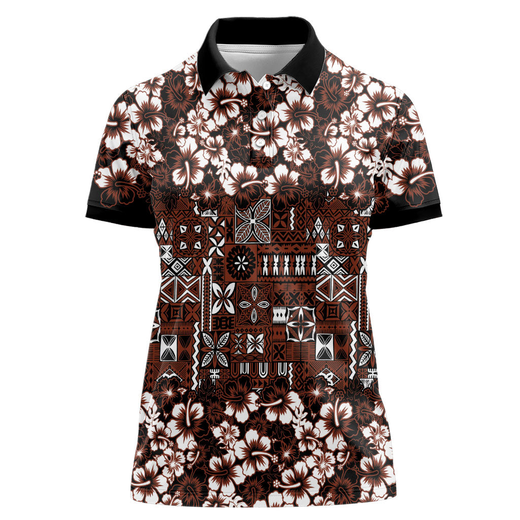Burgundy Hawaiian Tapa Tribal Hibiscus Women Polo Shirt