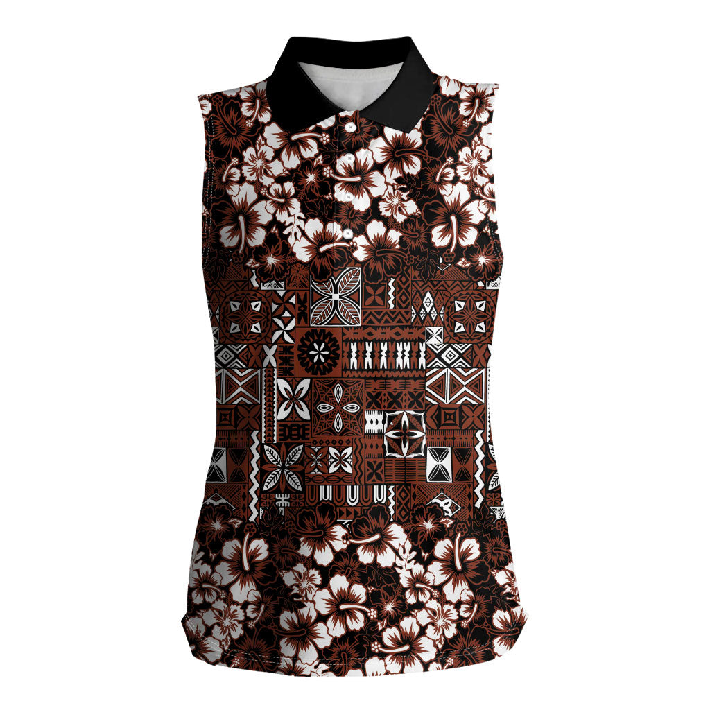 Burgundy Hawaiian Tapa Tribal Hibiscus Women Sleeveless Polo Shirt