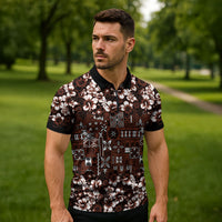 Burgundy Hawaiian Tapa Tribal Hibiscus Zipper Polo Shirt