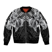Aotearoa Kowhaiwhai Poutama Black Motif Bomber Jacket LT9 Unisex Black - Polynesian Pride