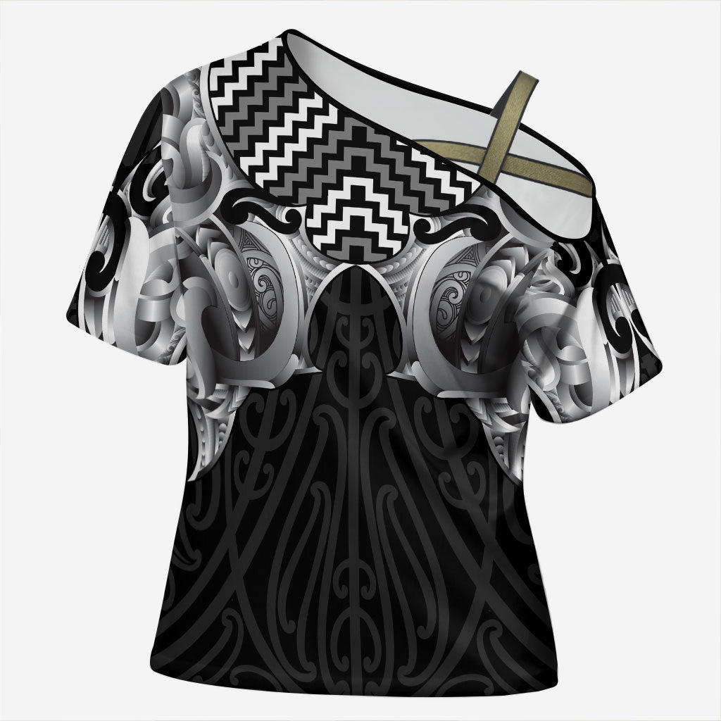 Aotearoa Kowhaiwhai Poutama Black Motif Cross Shoulder Shirt LT9 Female Black - Polynesian Pride