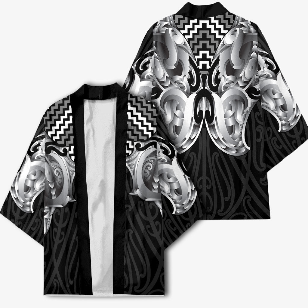 Aotearoa Kowhaiwhai Poutama Black Motif Kimono LT9 - Polynesian Pride